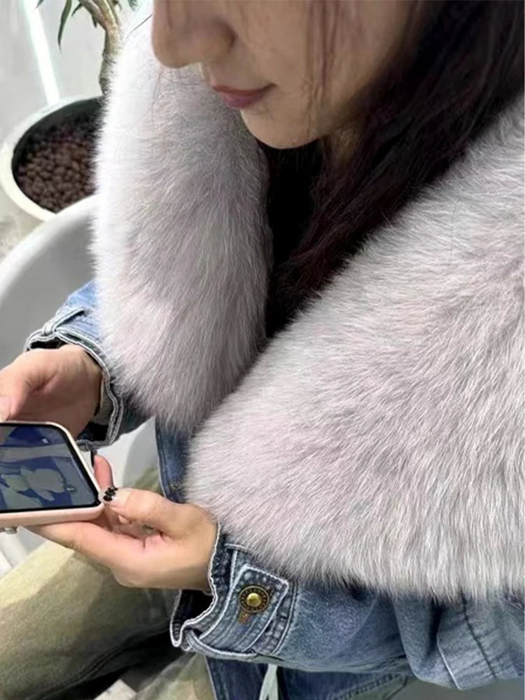 Denim Oversized 100% Real Fox Fur Collar Short Women's Goose Down Puffer Jean Jacket
