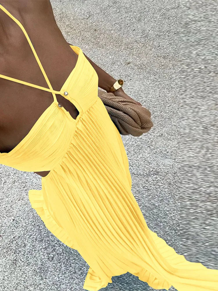 Pleated Halter Spaghetti Strap Backless Sleeveless Beach Maxi Dress