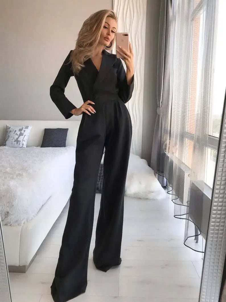 Solid Color Deep V-Neck Formal Office Loose Long Sleeve Wide Leg Pants Jumpsuit