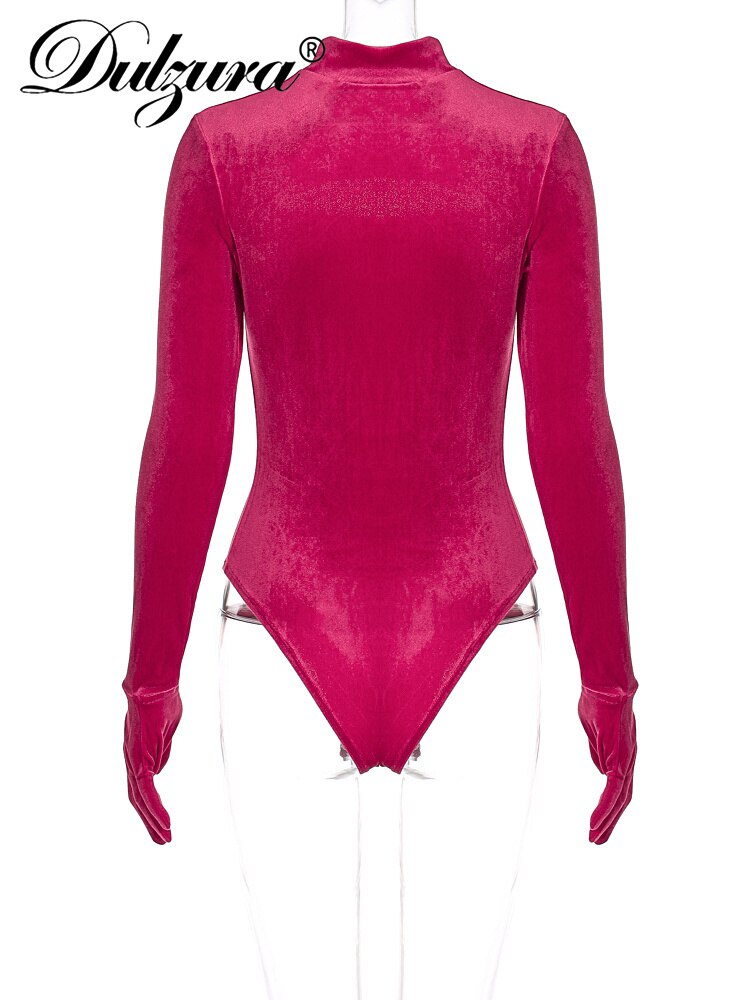 Velvet Hollow Out Long Sleeve O-Neck Bodysuit