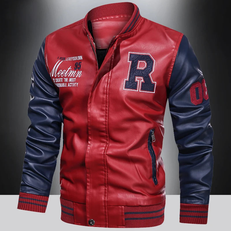 Men's PU Leather Colorblock Letter Print Letterman's Varsity Motorcycle Biker Racing Jacket