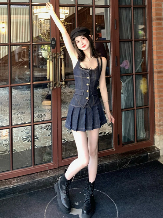 Sleeveless Dark Blue Denim Halter Button-Up Vest + Pleated Mini Skirt 2-Piece Set