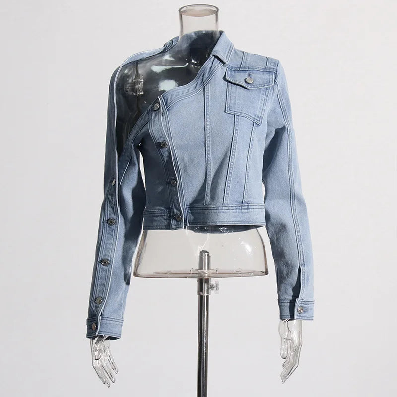Light Blue Denim Women's Irregular Diagonal Shoulder Cropped Jean Jacket