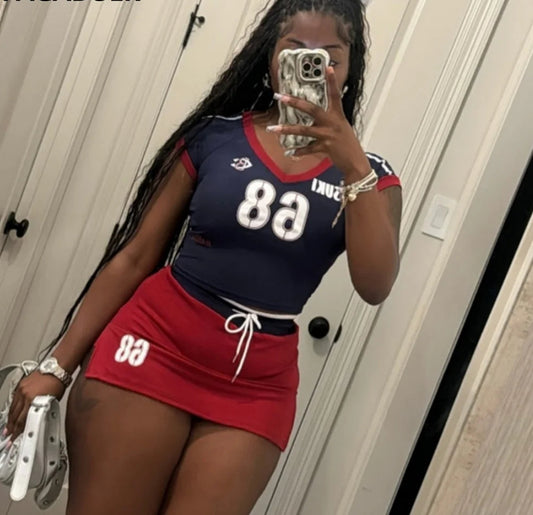 Letter Print V-Neck Crop Top + Drawstring Streetwear Mini Skirt Women's 2-Piece Set