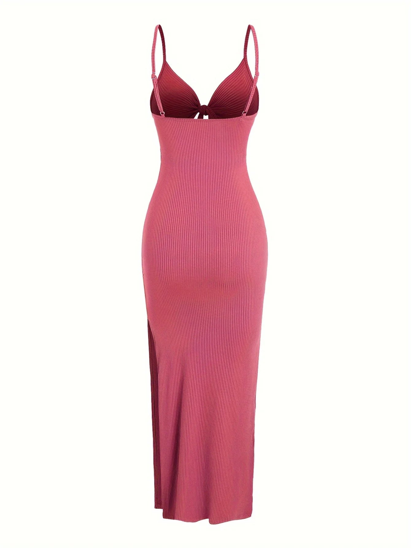 Ribbed Bowknot Design Spaghetti Strap V-Neck Knitted Sleeveless Solid Color High Slit Maxi Dress