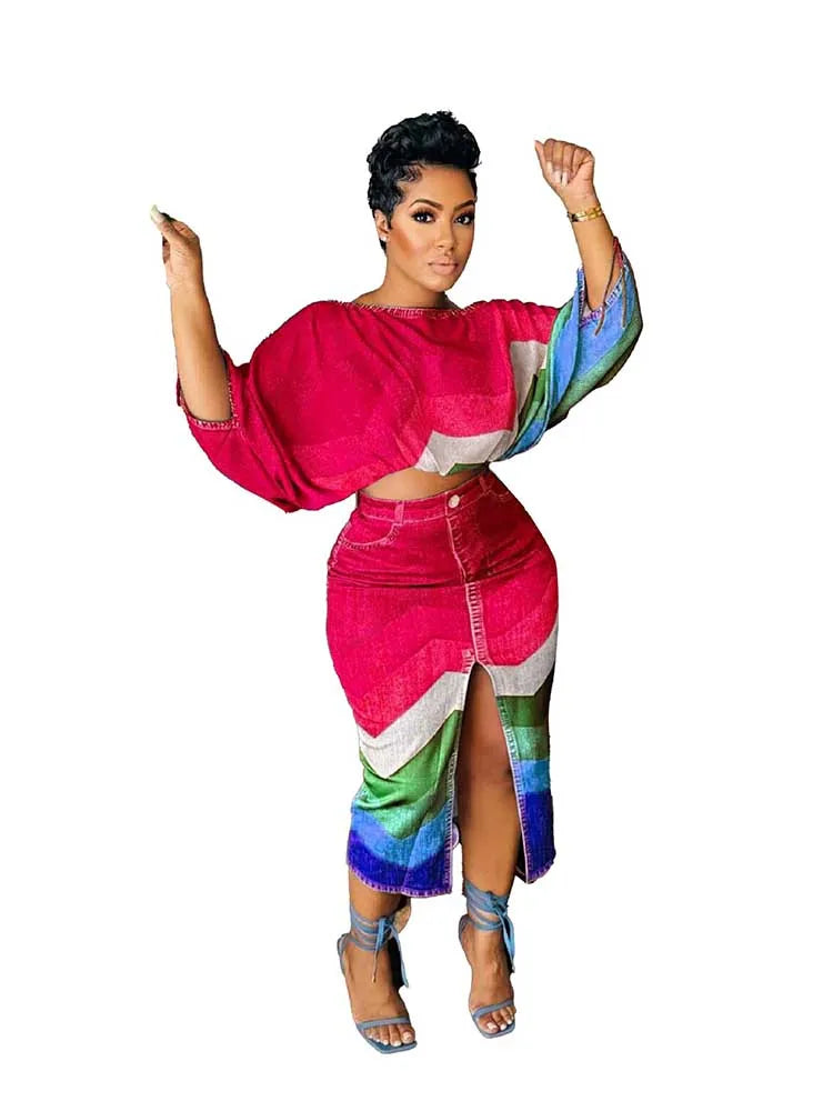 Mock Denim Striped Colorblock Slash Neck Women's Long Sleeve Crop Top + Open High Slit Skirt 2-Piece Set