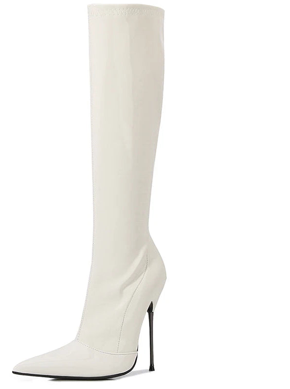 Patent Leather Solid Color Knee-High Pointed Toe Women's Ultra Thin Stiletto Metal Heel Wide Calf Boots