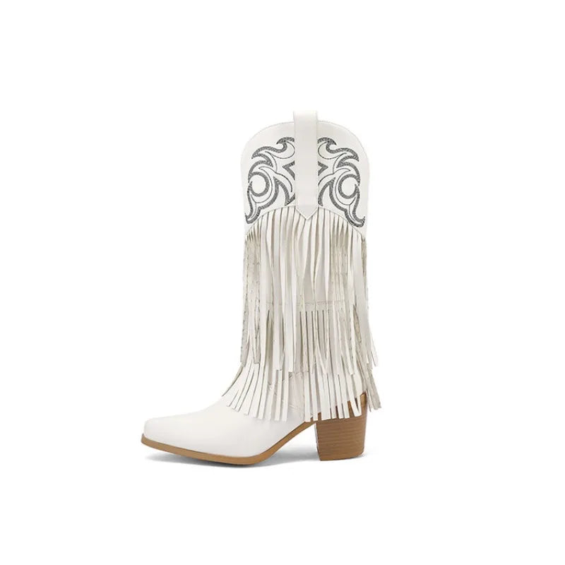 Western Tassel Fringe Totem Design Pointed Toe Women's Wedge Heel Knee-High Cowgirl Rodeo Boots