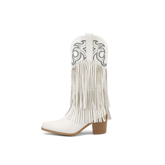 Western Tassel Fringe Totem Design Pointed Toe Women's Wedge Heel Knee-High Cowgirl Rodeo Boots