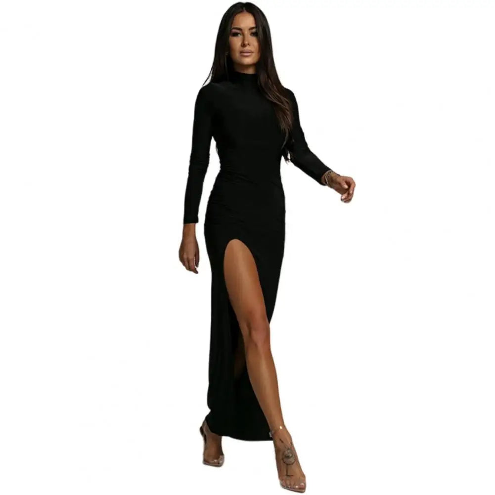 Solid/Leopard/Zebra Print Turtleneck Long Sleeve High Slit Bodycon Maxi Dress