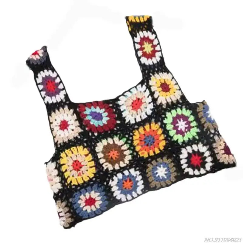 Crochet Multi-Colored Square Flower Design Knitted Square Neck Women's Sleeveless Cropped Tank Top