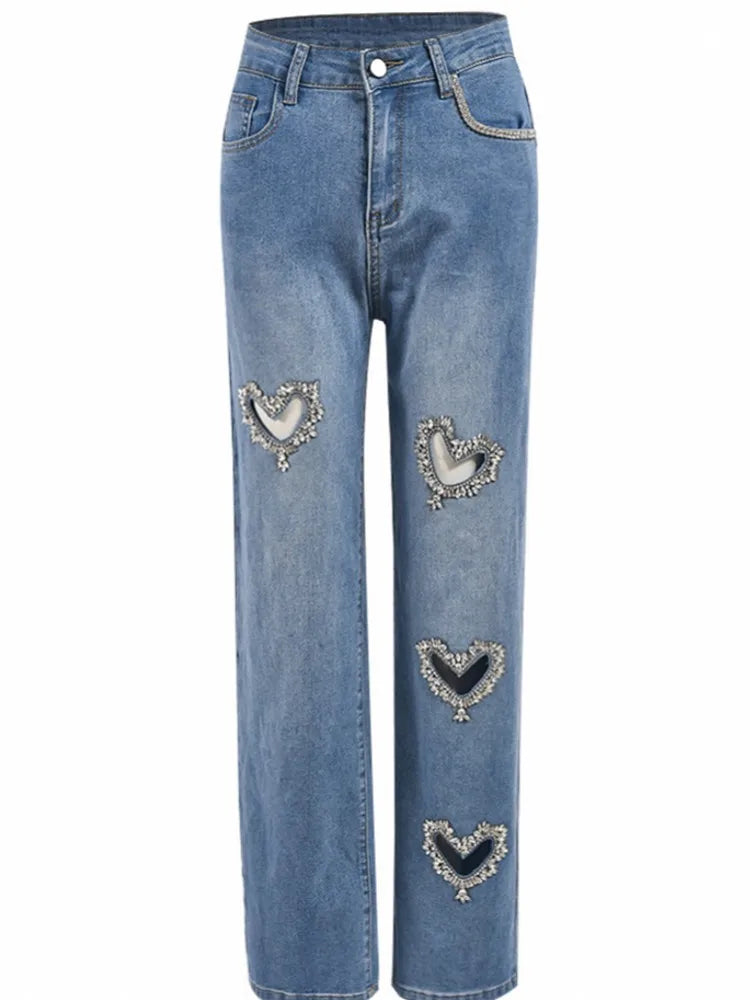 Women's Rhinestone Cut-Out Heart Design Patchwork Wide Leg Jeans