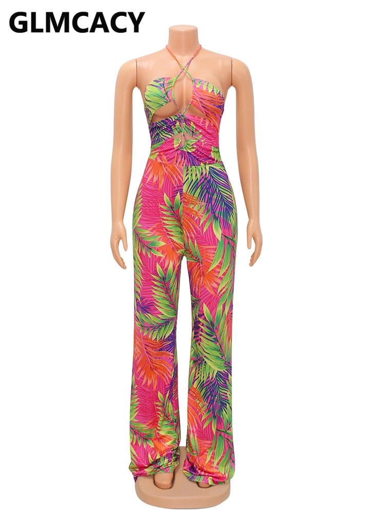 Tropical Hawaiian Print Hollow-Out Halter Printed Beach Jumpsuit