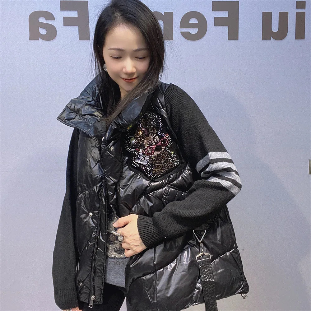 Black Faux Leather Sleeveless Rhinestone Hip-Hop Mini Mouse Back Design Women's Zipper Vest