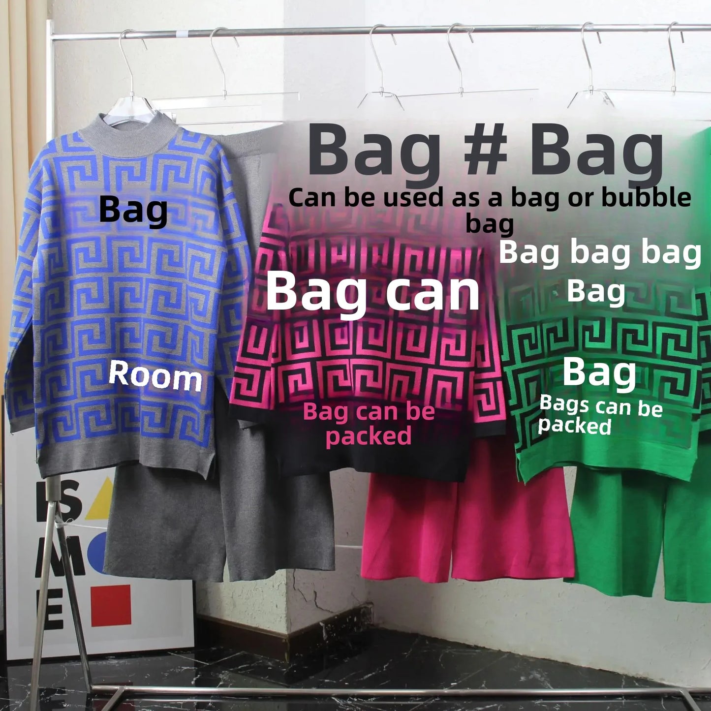 Geometric Colorblock High Collar Sweater + Wide Leg Pants Women's 2-Piece Set