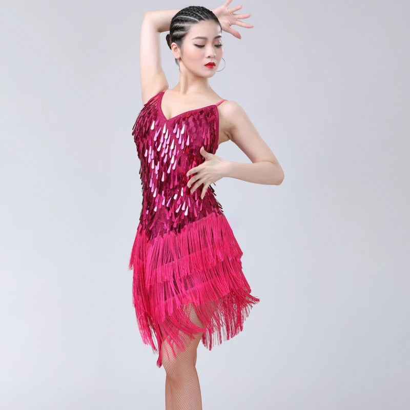 Sparkling Sequined Tassel Fringe Detail Salsa Samba Rumba Tango Latin Dance Flapper Dress