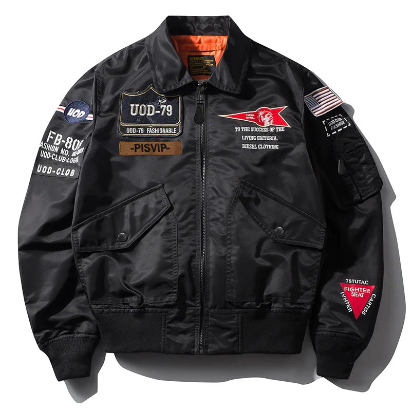 Men's Embroidered Hip-Hop Jacket Military Motorcycle Aviator Pilot Baseball Bomber Jacket