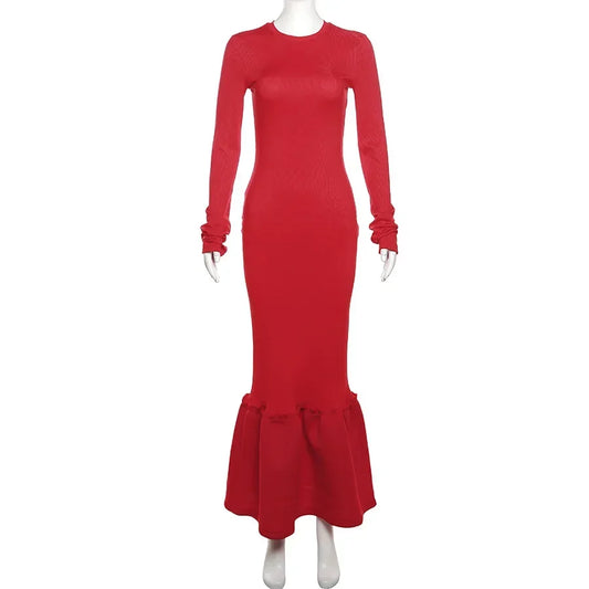 Red Patchwork Ribbed Bodycon O-Neck Ruffled Hem Long Sleeve Maxi Dress