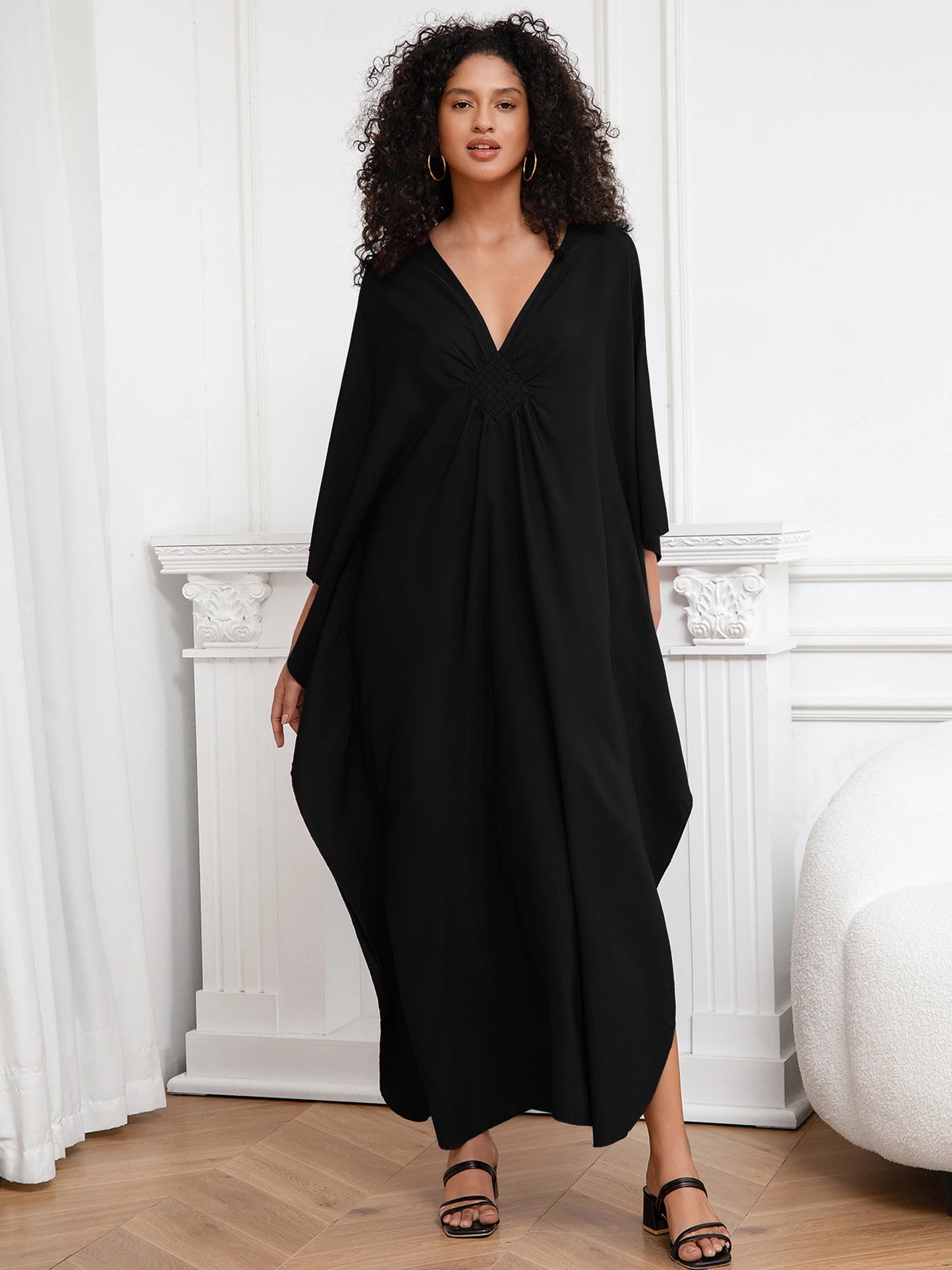 Bohemian Solid V-Neck Batwing Sleeve Loose Maxi Dress