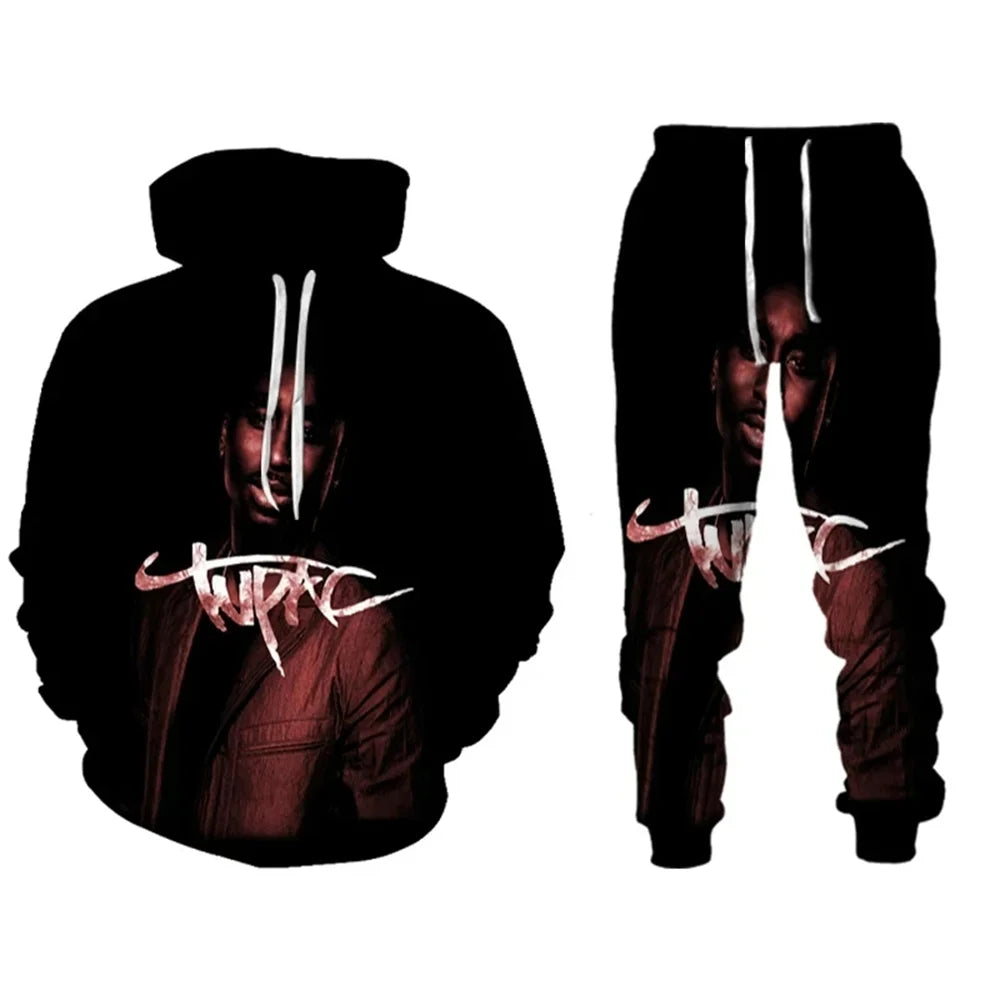 Drawstring Men's Unisex Tupac 3D Graphic Print Hoodie Sweatshirt + Jogger Sweatpants Tracksuit