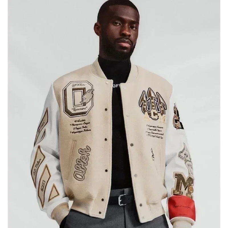 Retro Men's Streetwear Hip-Hop Letter Print Embroidered Baseball Varsity Bomber Jacket