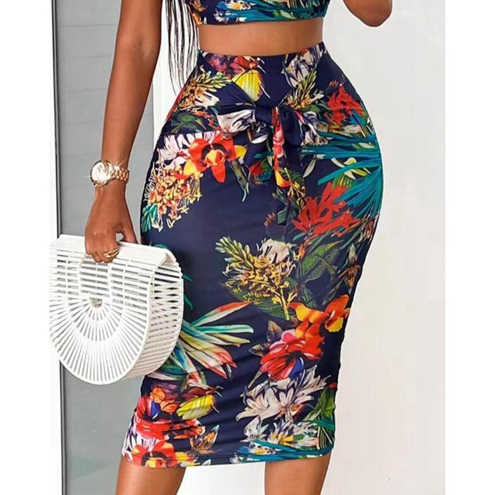 Tropical Print Crop Tank Top & Midi Skirt 2-Piece Set