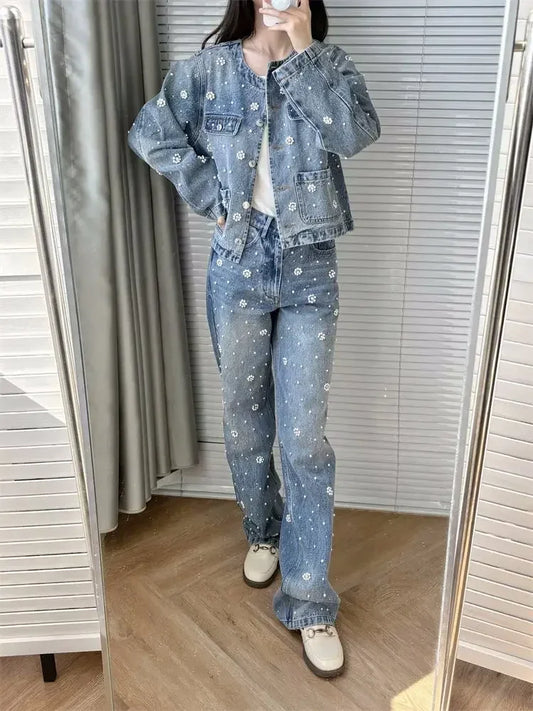 Denim Pearl Floral Embellished Women's Turn-down Collar Jean Jacket OR Pearl Embellished Matching Jeans SOLD AS SEPARATES