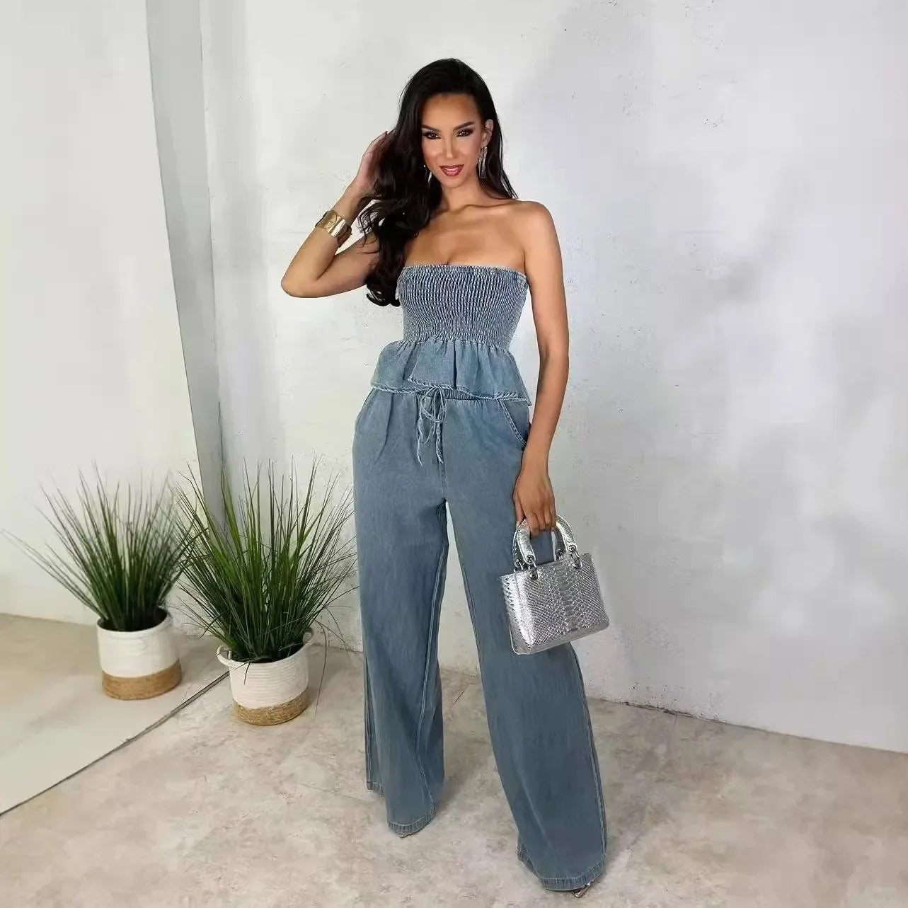 Denim Ruffled Trim Stretch Tube Top + Drawstring Elastic Waist Wide Leg Pants 2-Piece Set