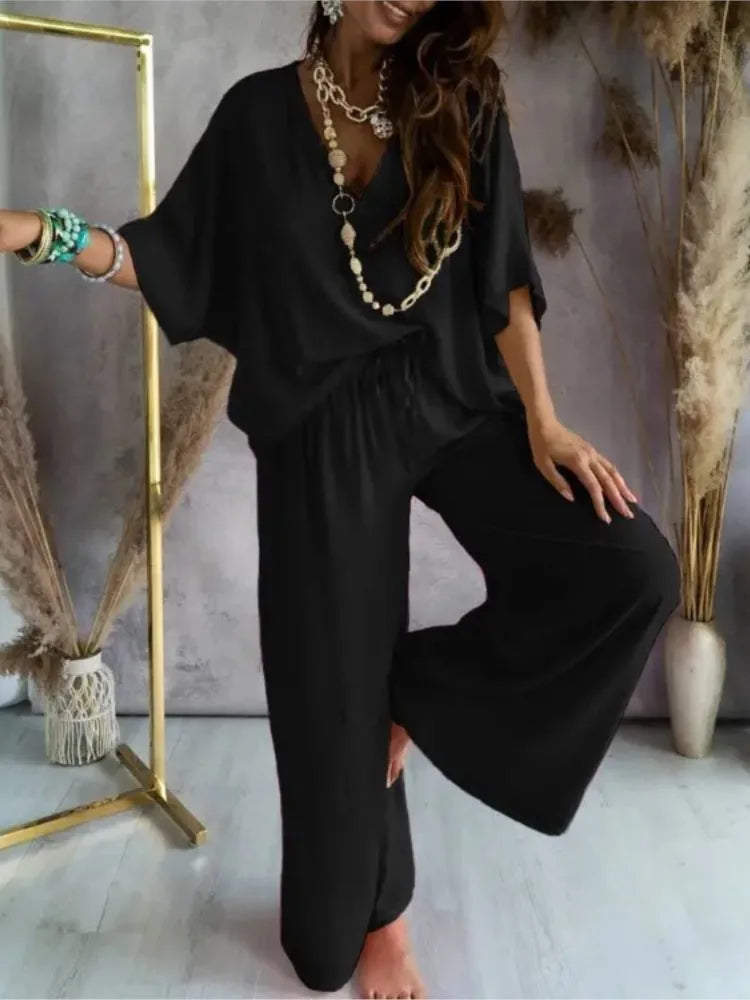 Baroque/Colorblock Striped/Solid Color Women's V-Neck Top + Loose Pants 2-Piece Set