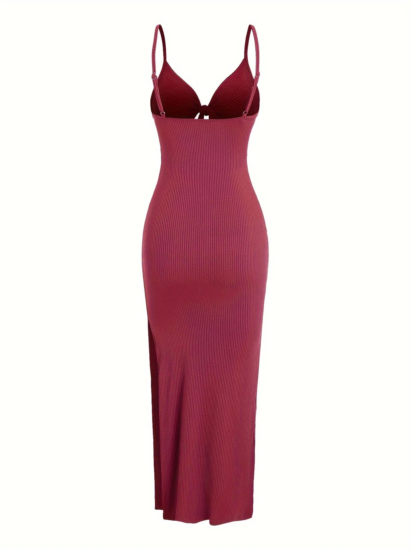 Ribbed Bowknot Design Spaghetti Strap V-Neck Knitted Sleeveless Solid Color High Slit Maxi Dress