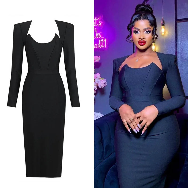 Corset Top French Bone Shape Design Solid Color Bodycon Midi O-Neck Long Sleeve Skinny Maxi Party Dress