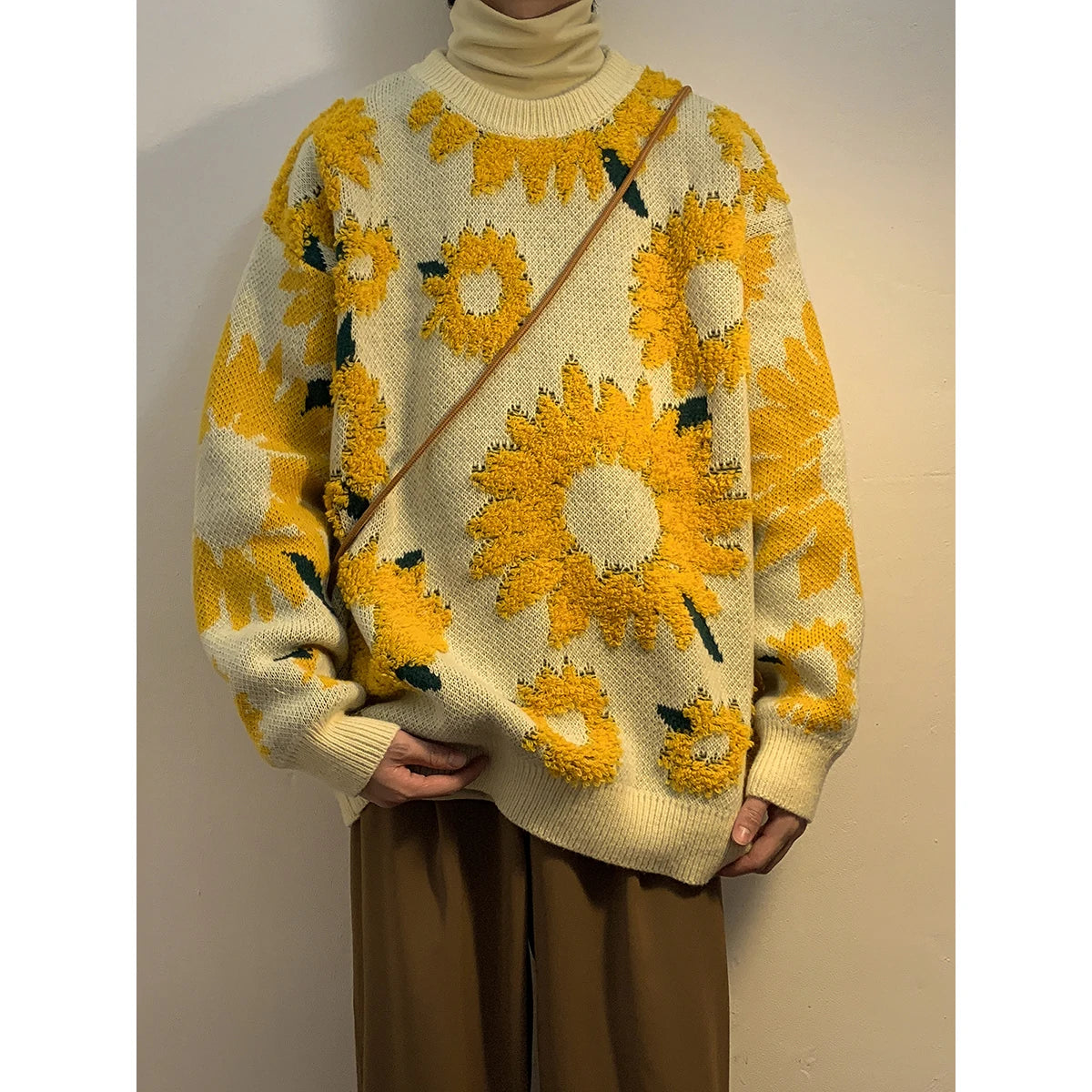 Unisex Sunflower O-Neck Pullover Loose Knitted Sweater