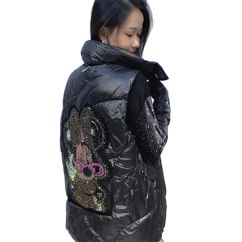 Black Faux Leather Sleeveless Rhinestone Hip-Hop Mini Mouse Back Design Women's Zipper Vest