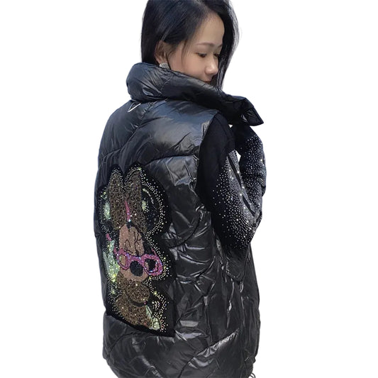 Black Faux Leather Sleeveless Rhinestone Hip-Hop Mini Mouse Back Design Women's Zipper Vest