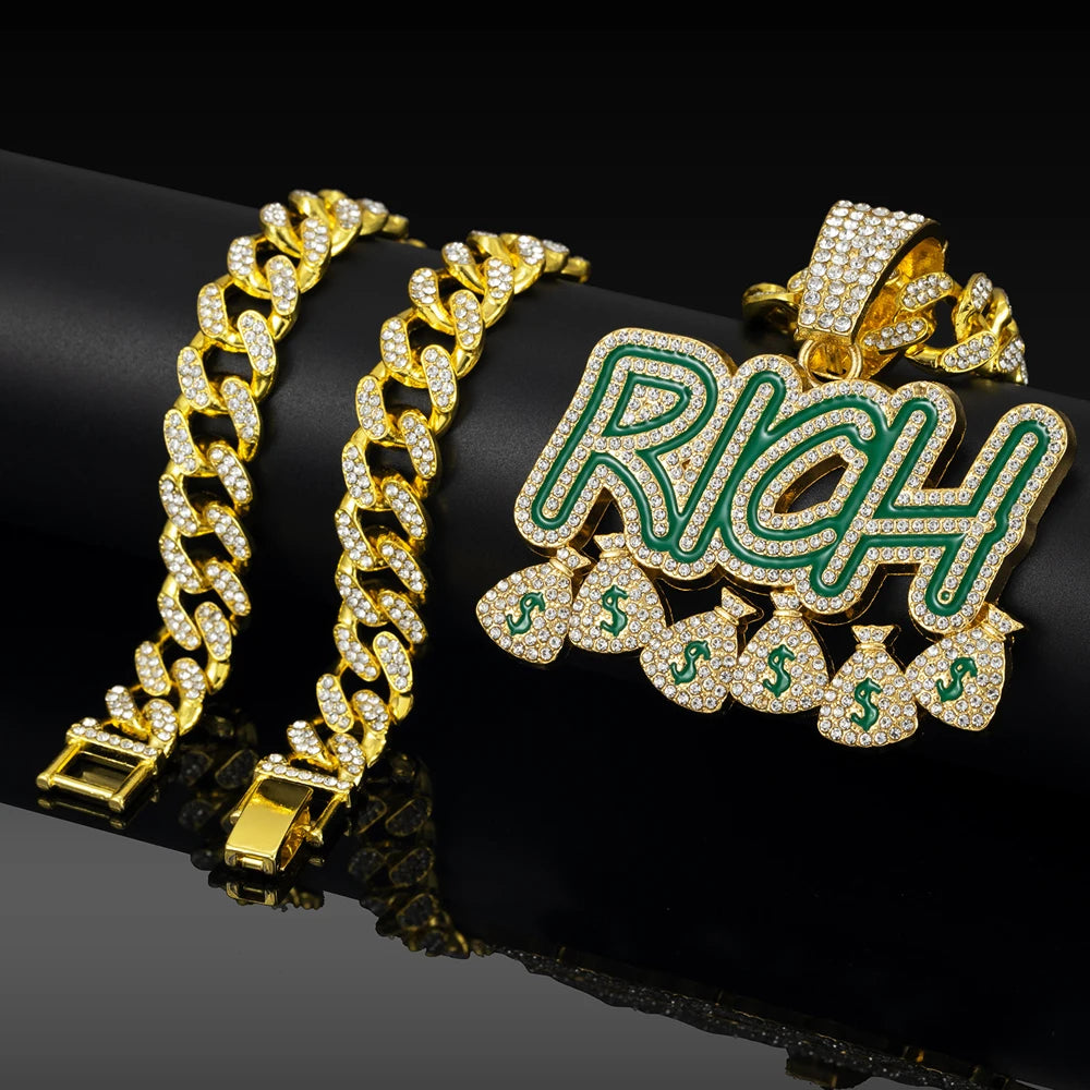 "Rich" Rhinestone Money Bag Pendant 13mm Miami Cuban Link Chain Necklace