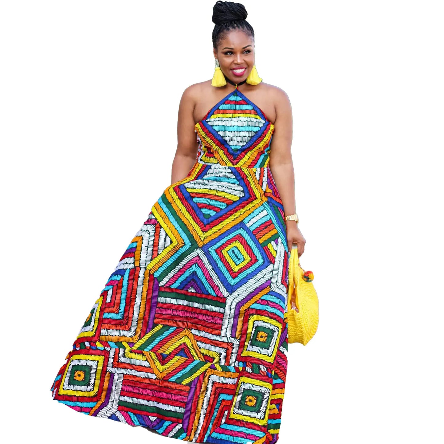 Geometric Abstract African Sleeveless Dashiki Print Spaghetti Strap Maxi Sundress