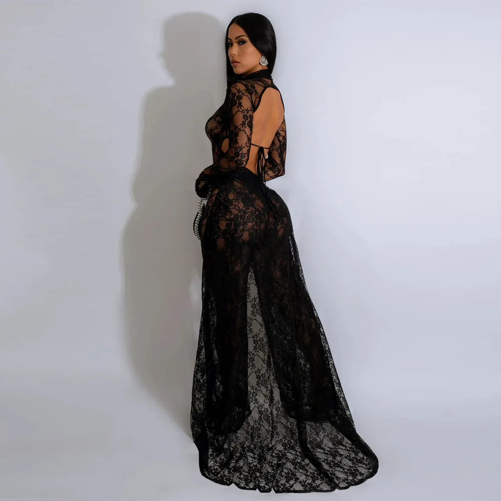 Lace Mesh Transparent Hollow-Out Women's Long Sleeve Bodycon Backless Wide Leg Jumpsuit