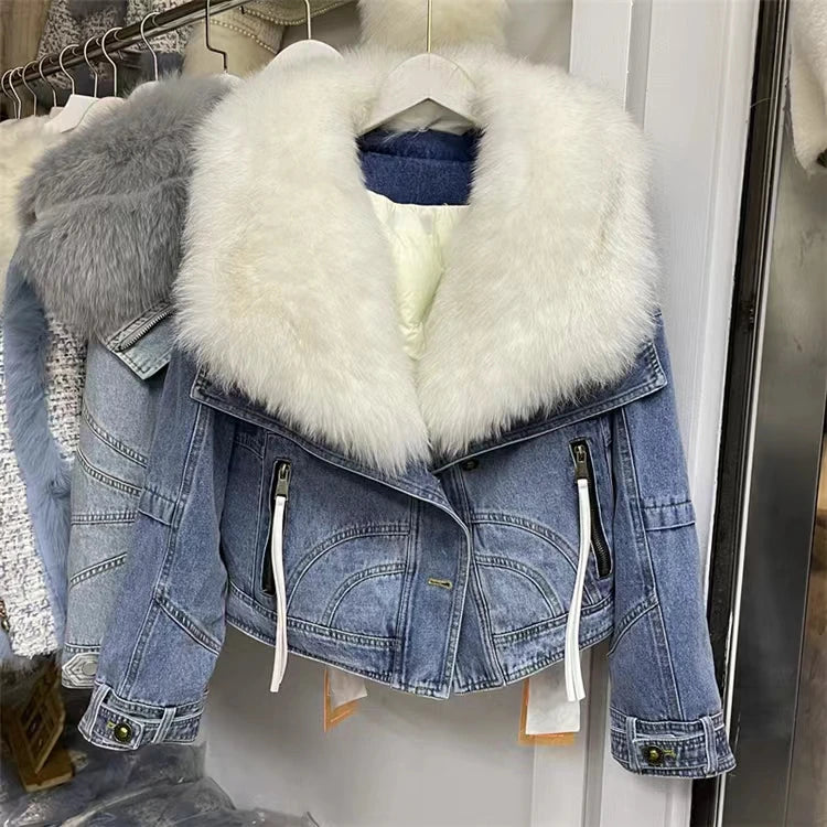 Denim Oversized 100% Real Fox Fur Collar Short Women's Goose Down Puffer Jean Jacket