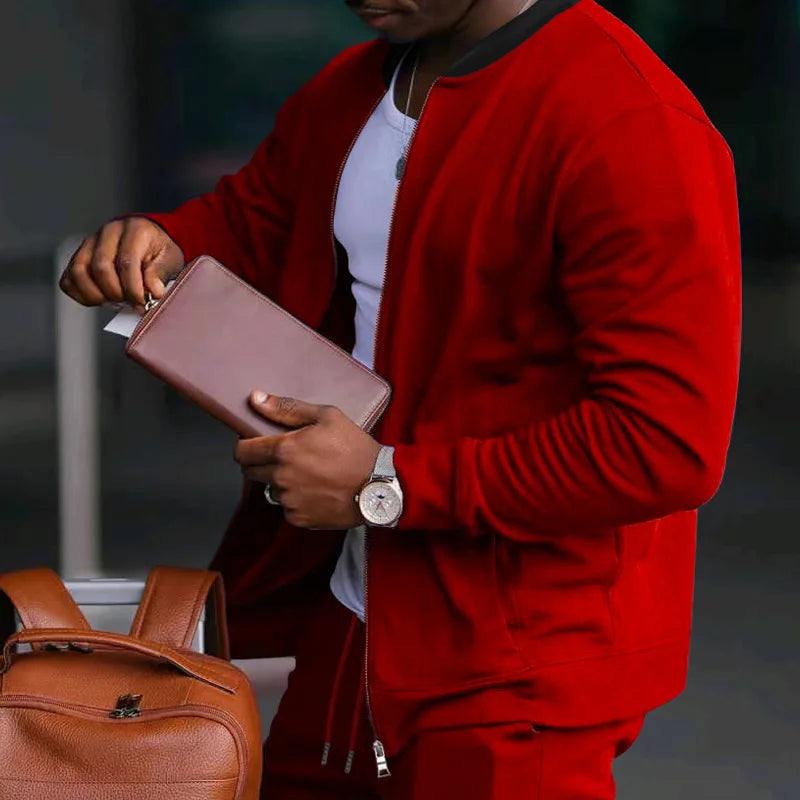 Men's O-Neck Colorblock Bomber Sweat Jacket + Drawstring Jogger Sweatpants Tracksuit