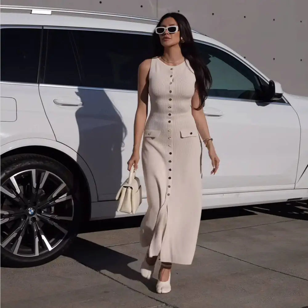 Ribbed Sleeveless Knitted O-Neck Button-Up Sleeveless Single Breasted Double Pocket Design Bodycon Sweater Dress