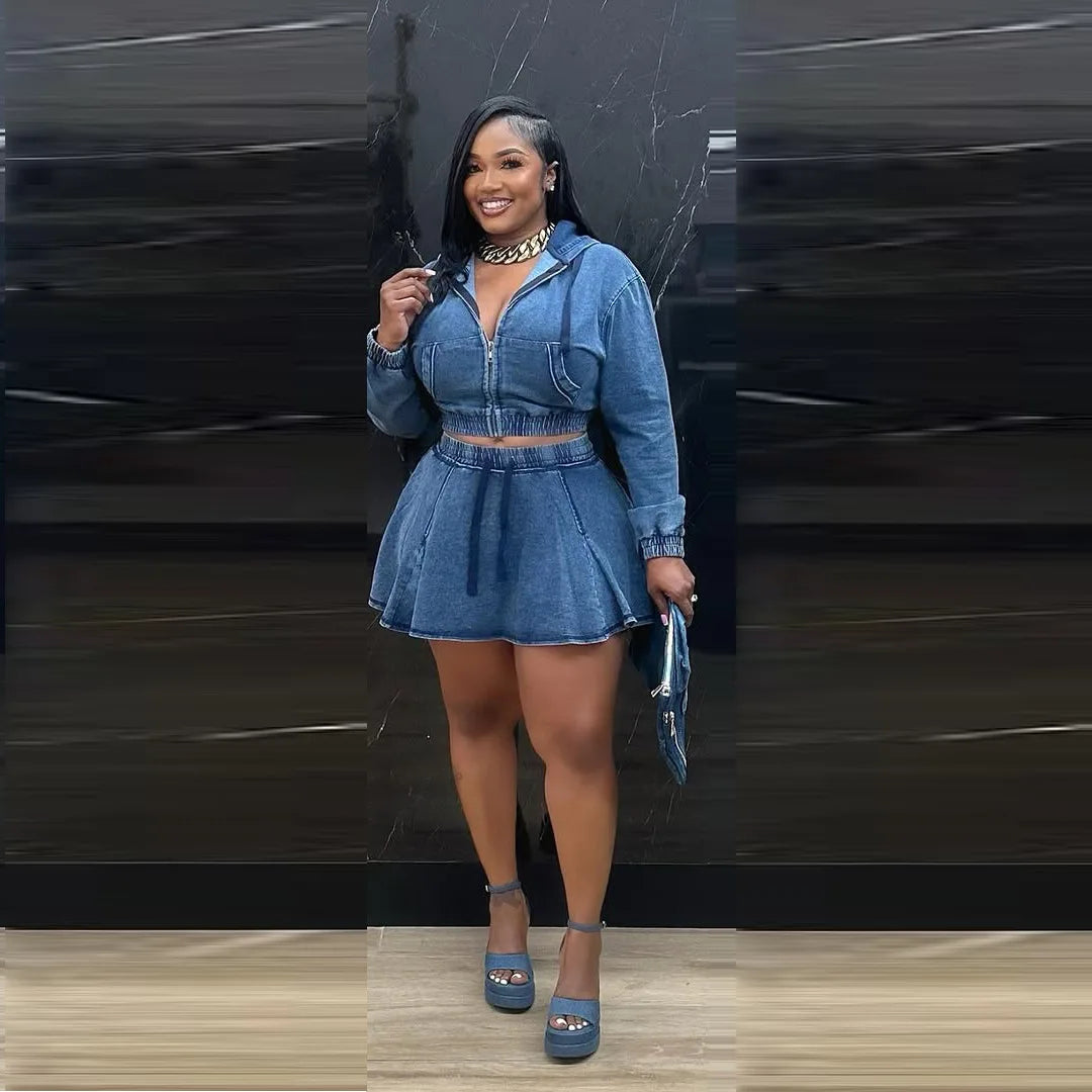 Faded Denim Women's Jean Hoodie Jacket + Pleated Mini Jean Skirt 2-Piece Set