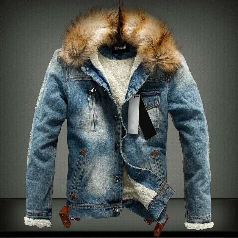 Men's Denim Faux Fur Collar  Fleece-Lined Fitted Jean Jacket
