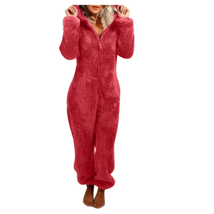 Faux Fur Fleece Women's Onesie Zipper Hoodie Teddy Jumpsuit