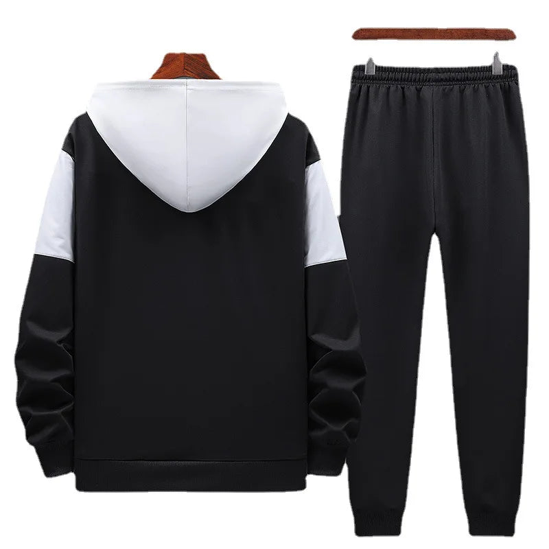 Hooded Men's Colorblock Zipper Jacket + Side Striped Pants Tracksuit