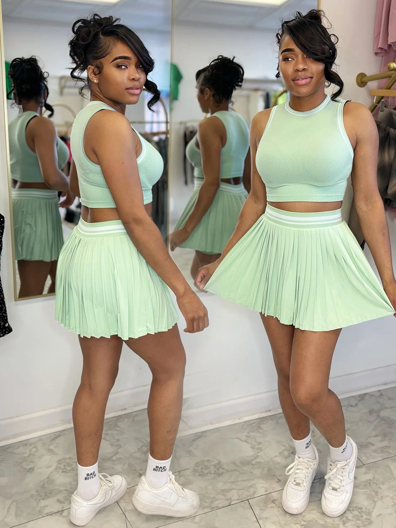 Sleeveless Solid Color O-Neck Crop Tank Top + Pleated Mini Tennis Skirt Women's Fitness 2-Piece Set