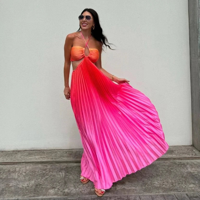 Gradient Colorblock Sleeveless Pleated Cut-Out Backless Maxi Beach Dress