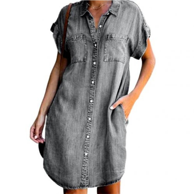 Denim Short Sleeve Distressed Button Down Tunic Button Mini Dress to 5X