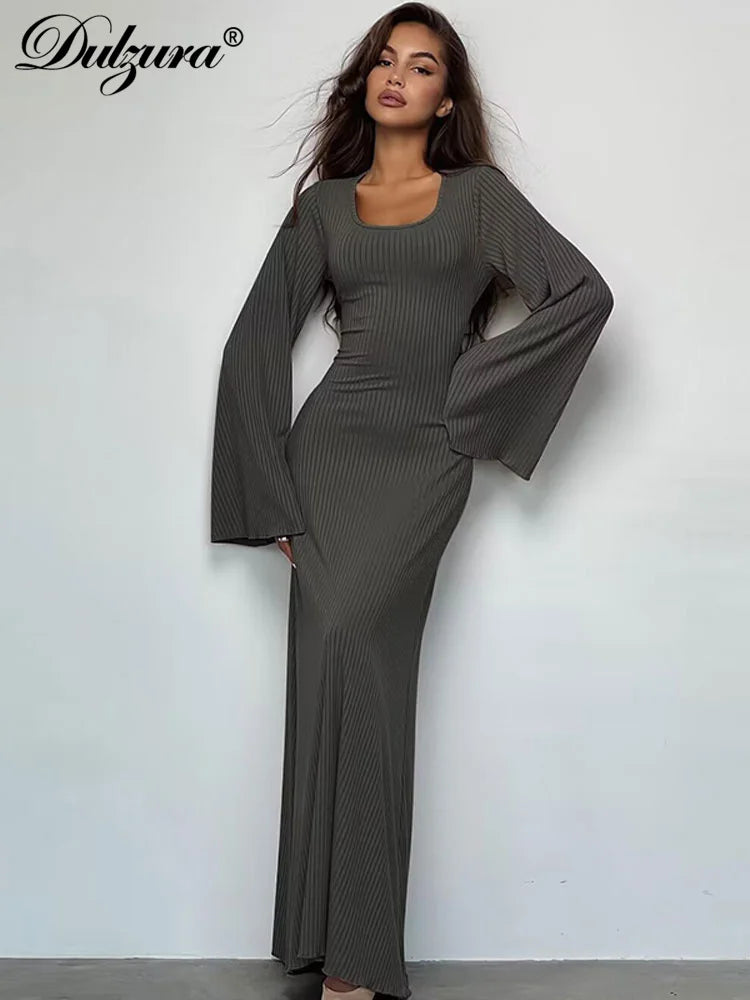 Solid Ribbed Lace-Up Back Trumpet Long Sleeve Maxi Dress