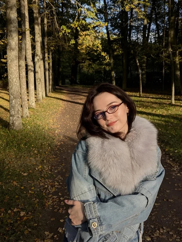 Denim Oversized 100% Real Fox Fur Collar Short Women's Goose Down Puffer Jean Jacket