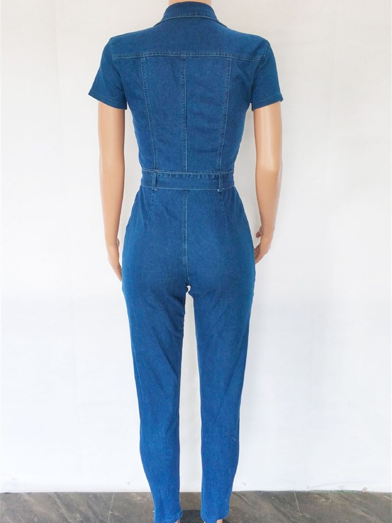 Short Sleeve Zipper Up Bodycon Denim Jumpsuit